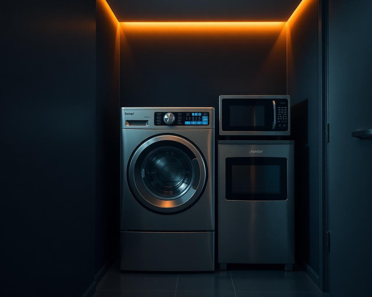 Máquina de lavar e micro-ondas em ambiente com iluminação âmbar